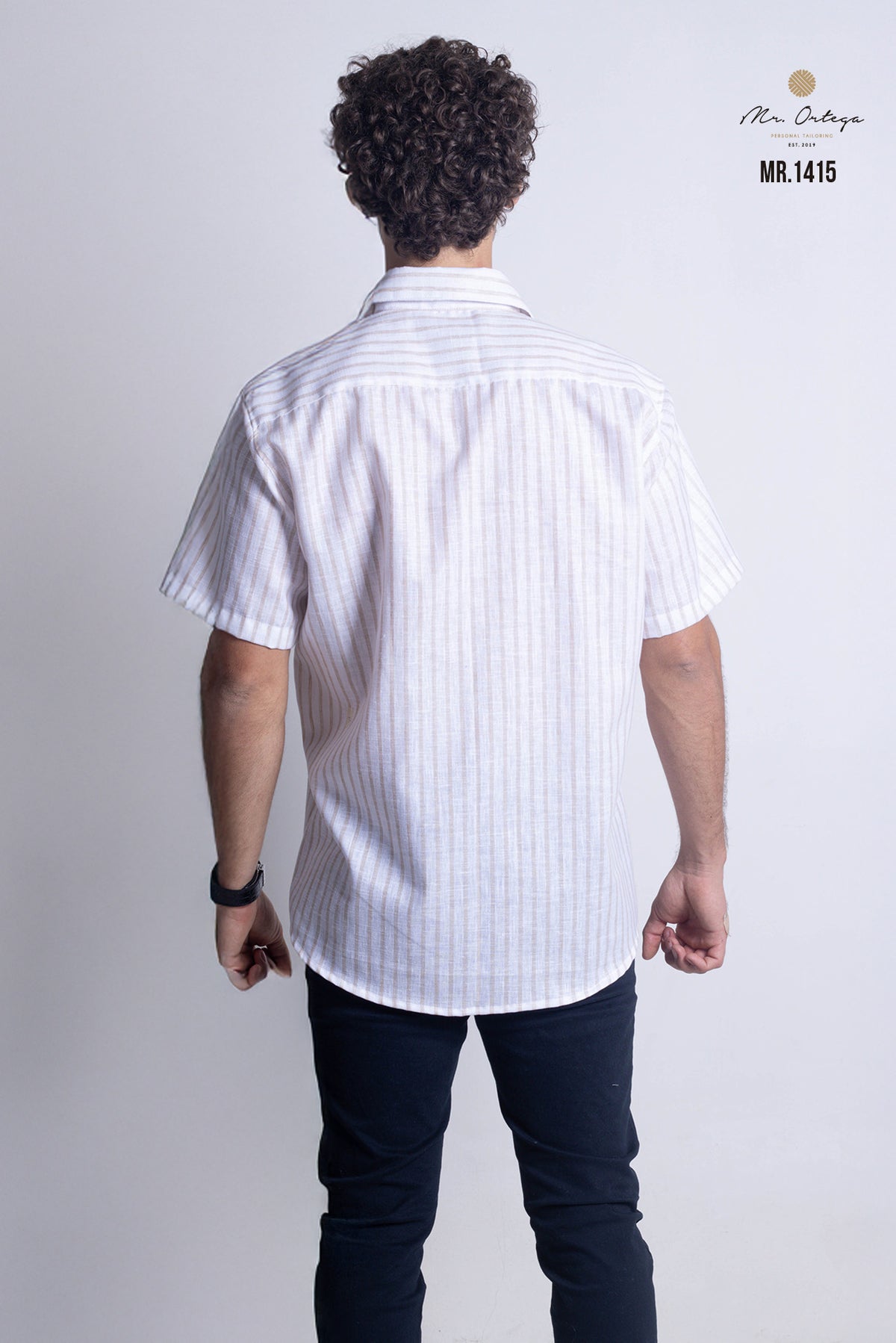 CAMISA RAYAS BEIGE Y BLANCO MANGA CORTA