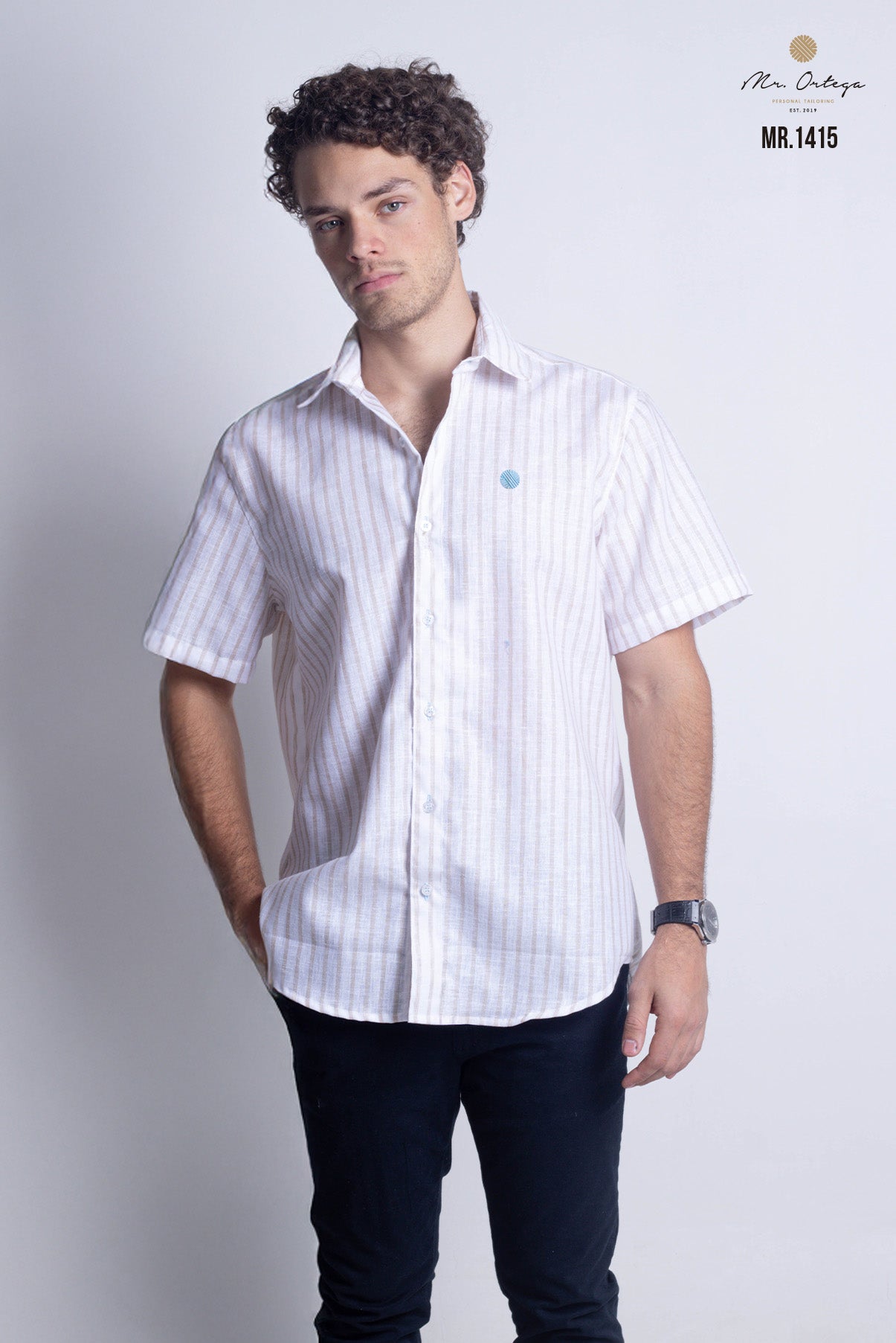 CAMISA RAYAS BEIGE Y BLANCO MANGA CORTA