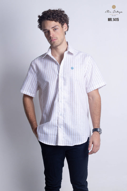 CAMISA RAYAS BEIGE Y BLANCO MANGA CORTA