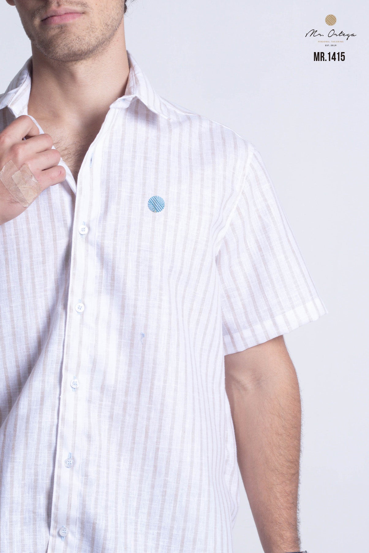 CAMISA RAYAS BEIGE Y BLANCO MANGA CORTA