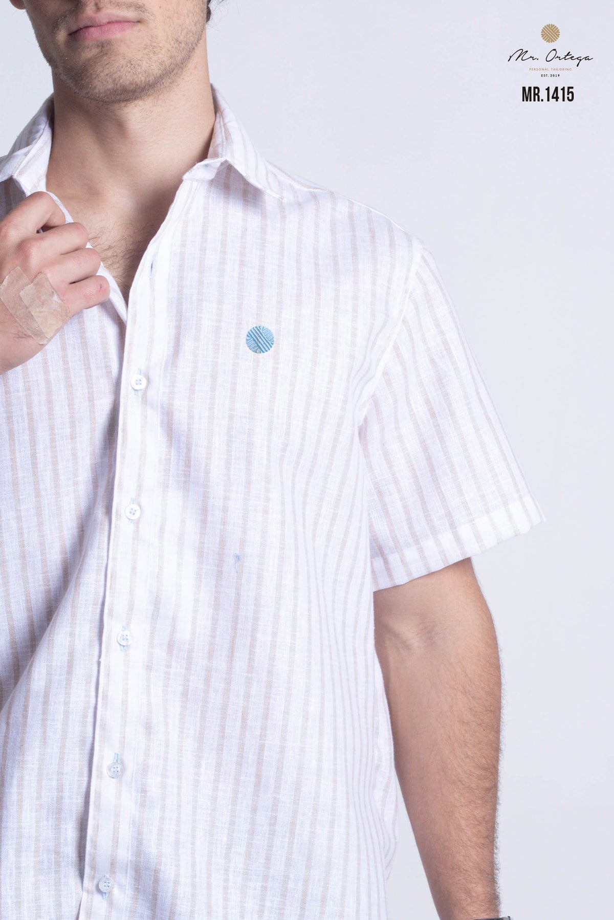 CAMISA RAYAS BEIGE Y BLANCO MANGA CORTA