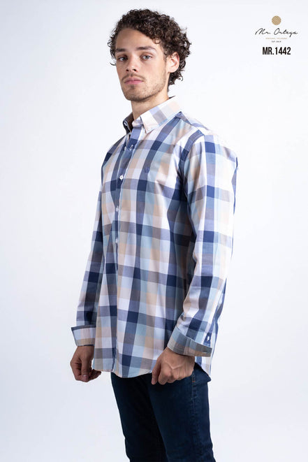 CAMISA CUADROS AZUL, BLANCO Y BEIGE