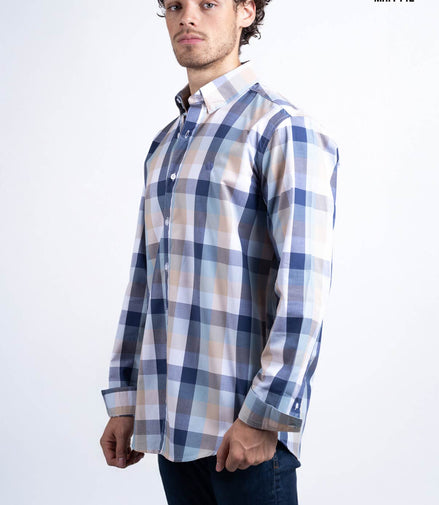CAMISA CUADROS AZUL, BLANCO Y BEIGE