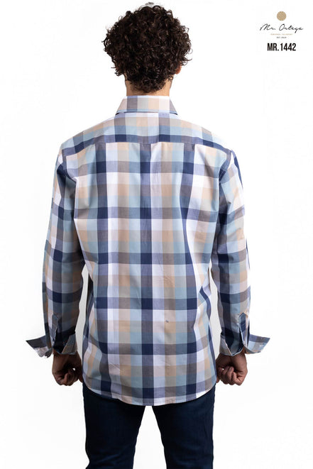 CAMISA CUADROS AZUL, BLANCO Y BEIGE