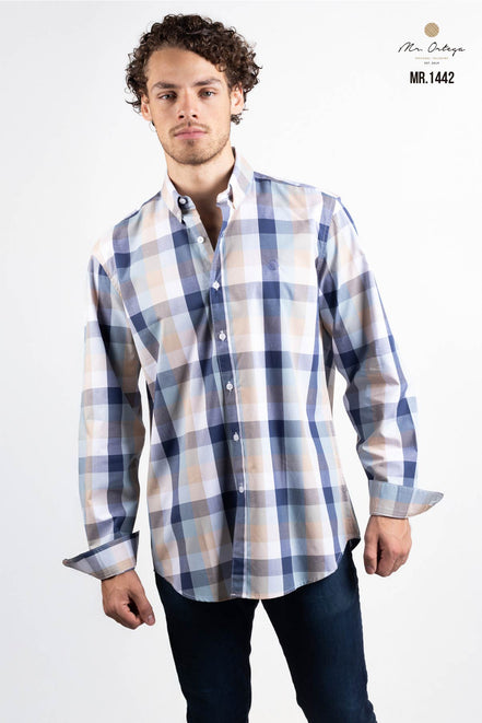 CAMISA CUADROS AZUL, BLANCO Y BEIGE