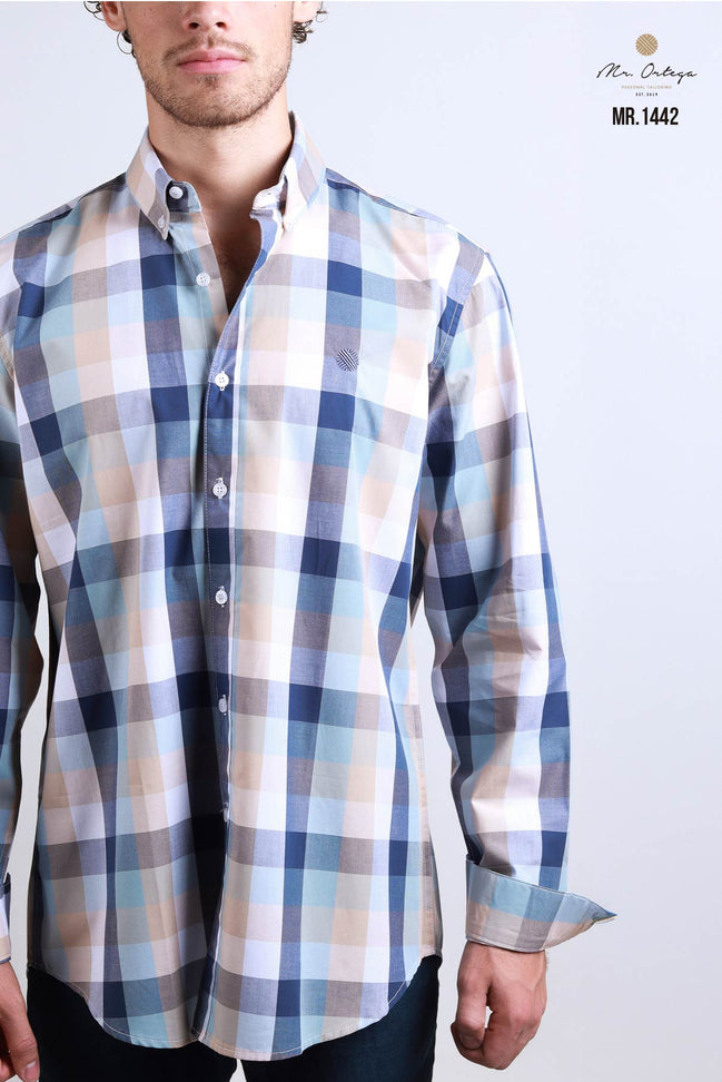 CAMISA CUADROS AZUL, BLANCO Y BEIGE