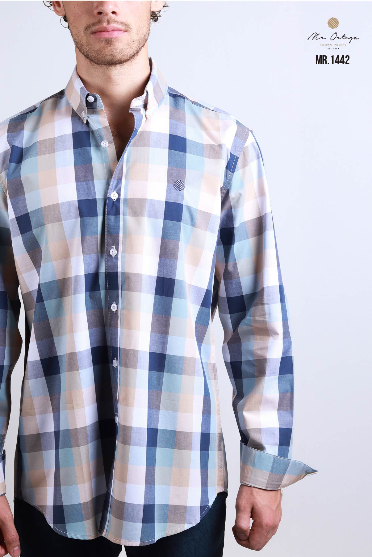 CAMISA CUADROS AZUL, BLANCO Y BEIGE