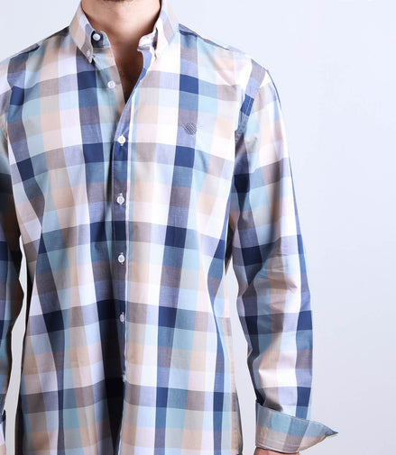 CAMISA CUADROS AZUL, BLANCO Y BEIGE