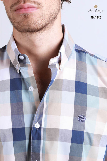 CAMISA CUADROS AZUL, BLANCO Y BEIGE