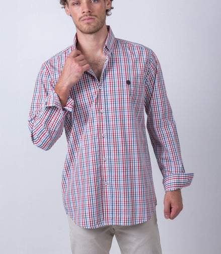 CAMISA CUADROS GRIS, CAFE, AZUL Y BLANCO
