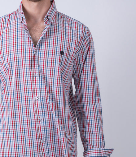 CAMISA CUADROS GRIS, CAFE, AZUL Y BLANCO