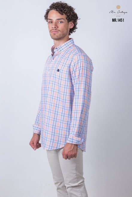CAMISA CUADROS NARANJA, AZUL Y BLANCO