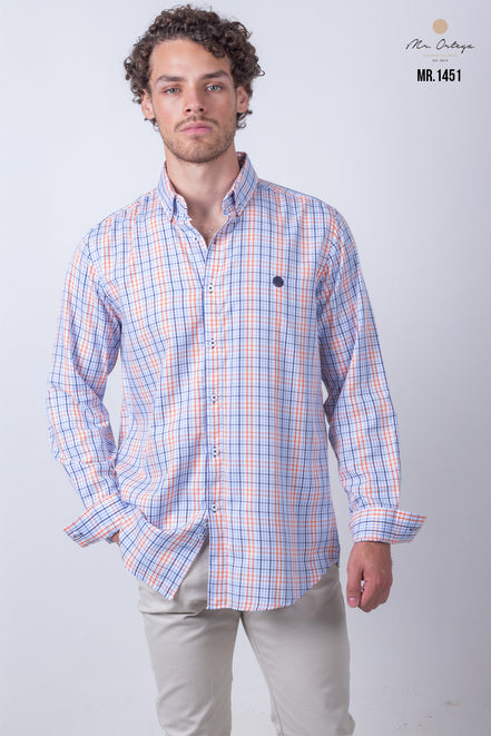 CAMISA CUADROS NARANJA, AZUL Y BLANCO