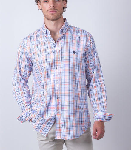 CAMISA CUADROS NARANJA, AZUL Y BLANCO