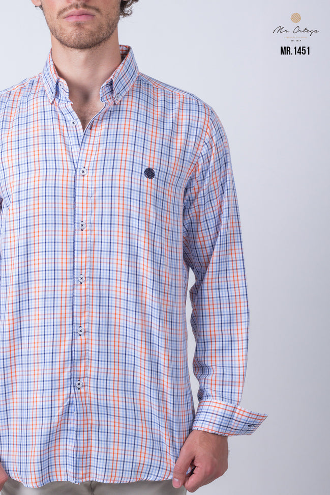 CAMISA CUADROS NARANJA, AZUL Y BLANCO