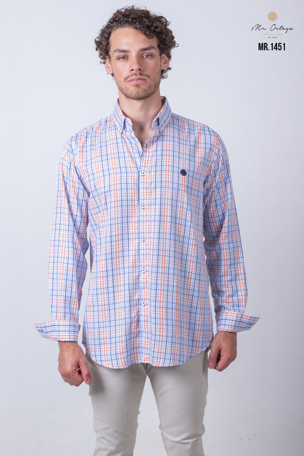 CAMISA CUADROS NARANJA, AZUL Y BLANCO