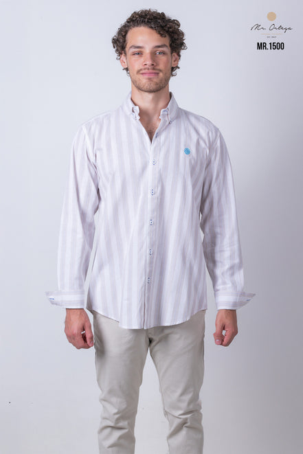 CAMISA RAYAS BEIGE, CAFE Y AZUL
