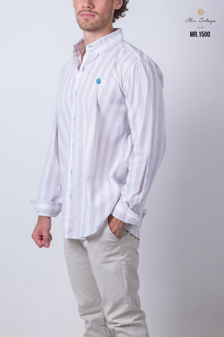 CAMISA RAYAS BEIGE, CAFE Y AZUL