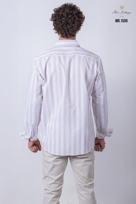 CAMISA RAYAS BEIGE, CAFE Y AZUL
