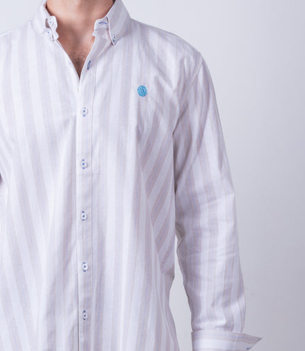 CAMISA RAYAS BEIGE, CAFE Y AZUL