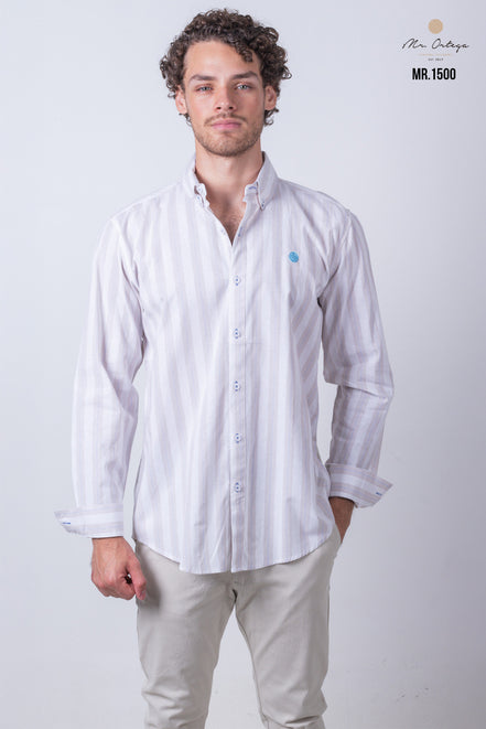 CAMISA RAYAS BEIGE, CAFE Y AZUL