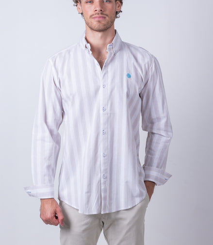 CAMISA RAYAS BEIGE, CAFE Y AZUL