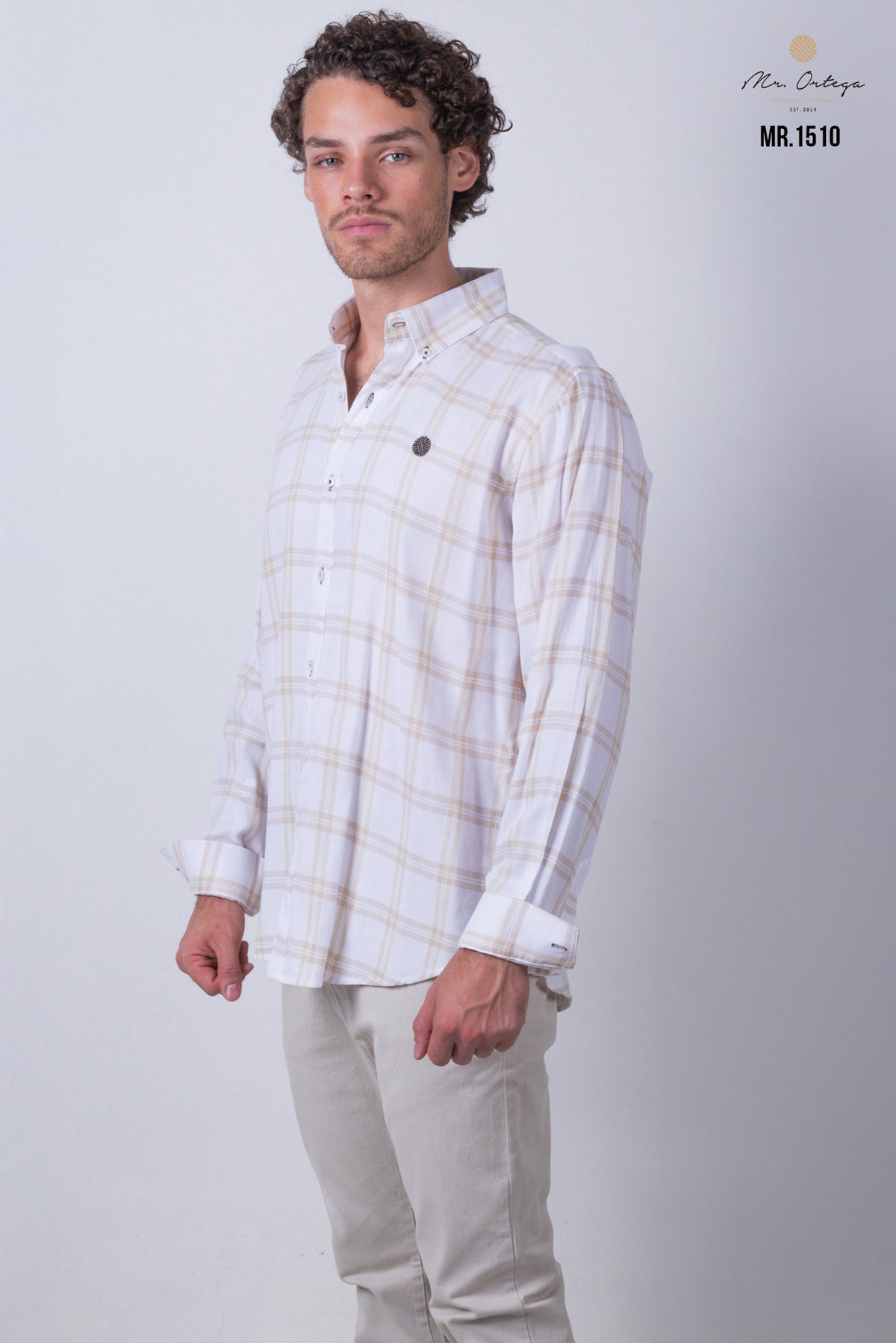 CAMISA CUADROS BEIGE Y BLANCO MANGA LARGA