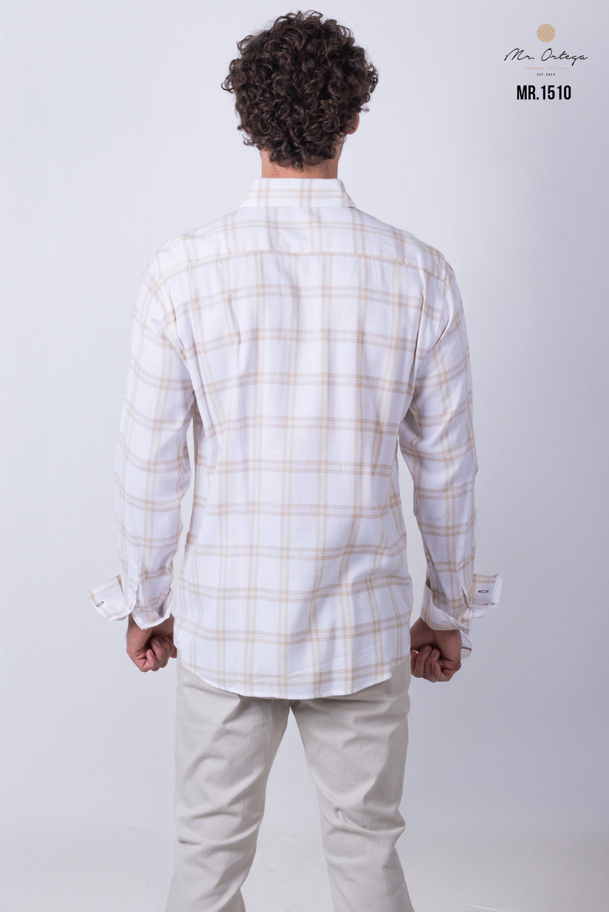 CAMISA CUADROS BEIGE Y BLANCO MANGA LARGA
