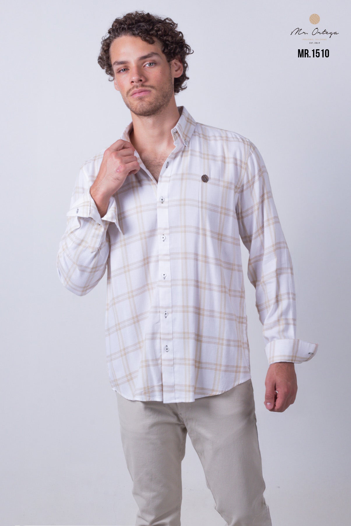 CAMISA CUADROS BEIGE Y BLANCO MANGA LARGA