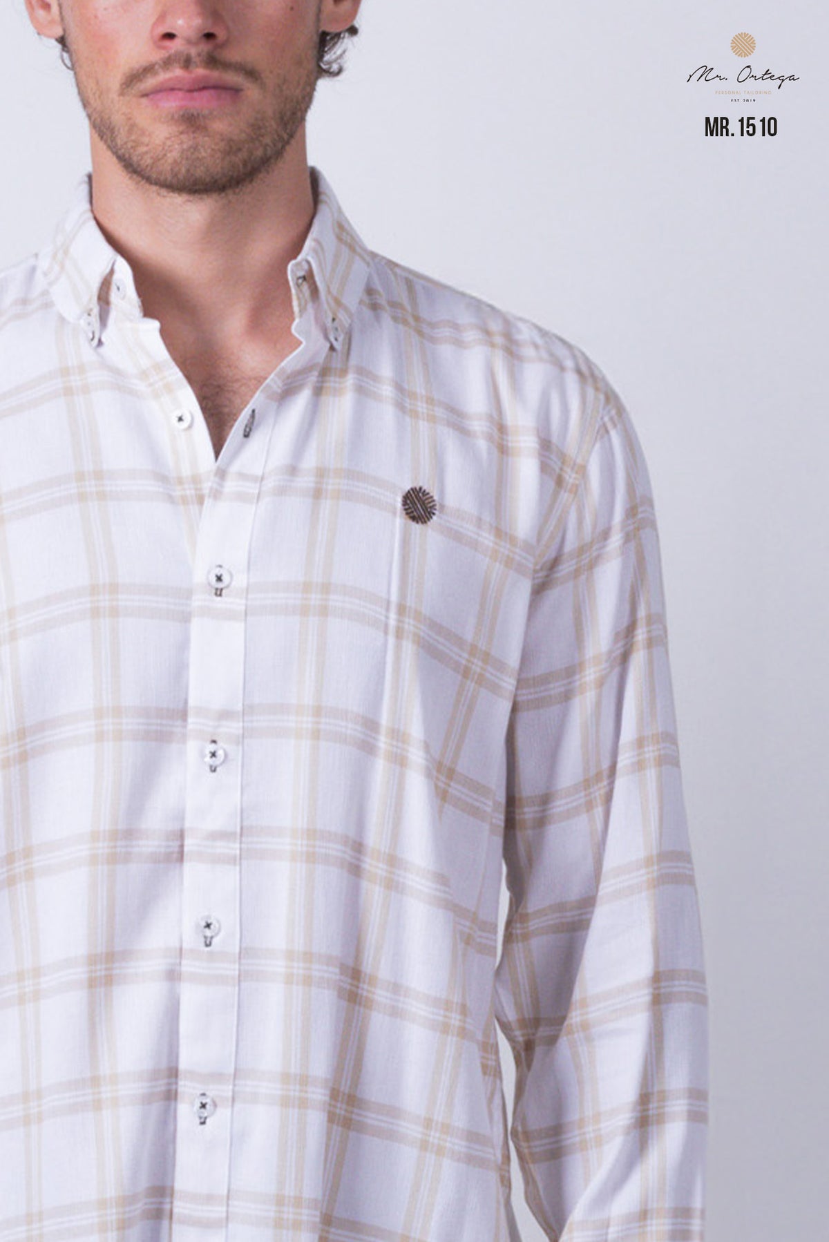 CAMISA CUADROS BEIGE Y BLANCO MANGA LARGA