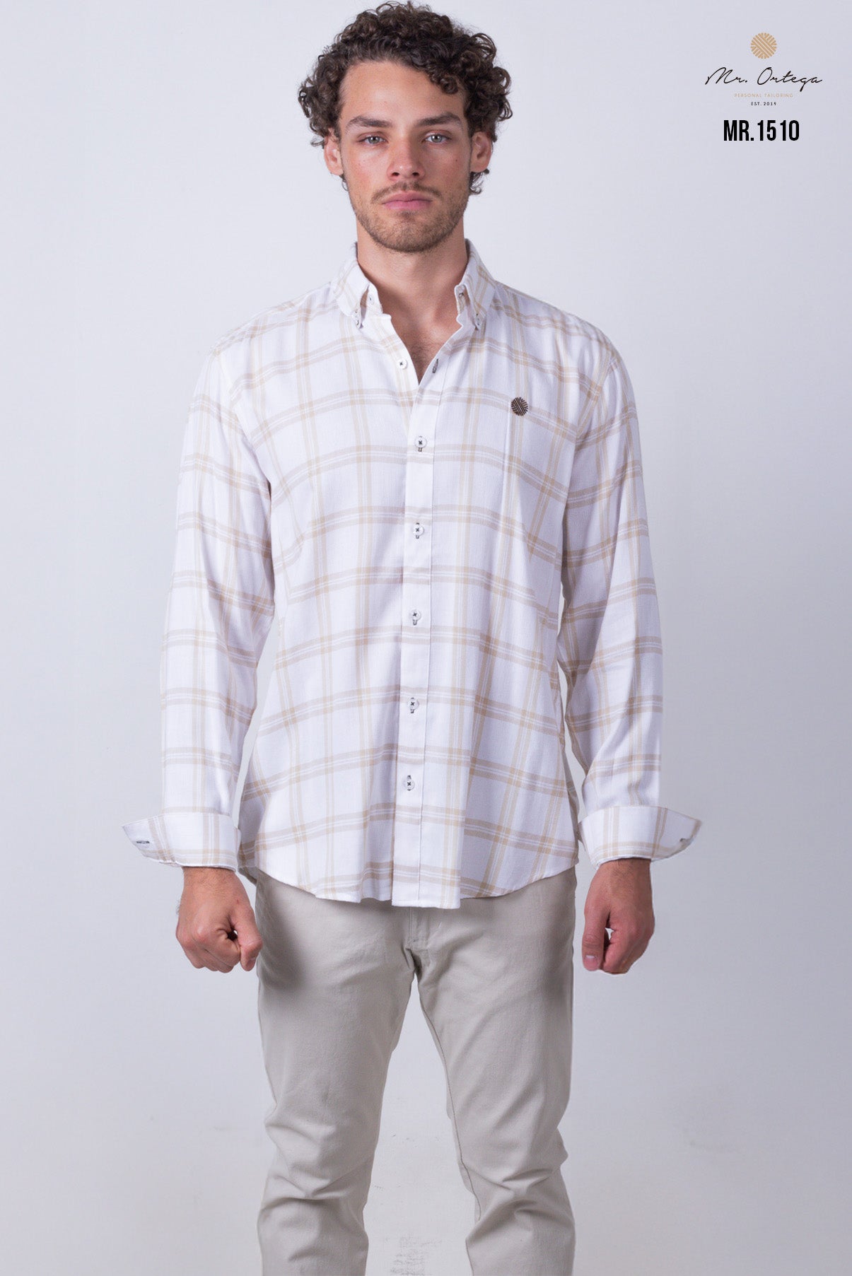 CAMISA CUADROS BEIGE Y BLANCO MANGA LARGA