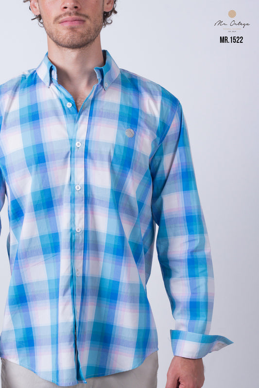 CAMISA CUADROS AZUL, ROSA Y BLANCO MANGA LARGA