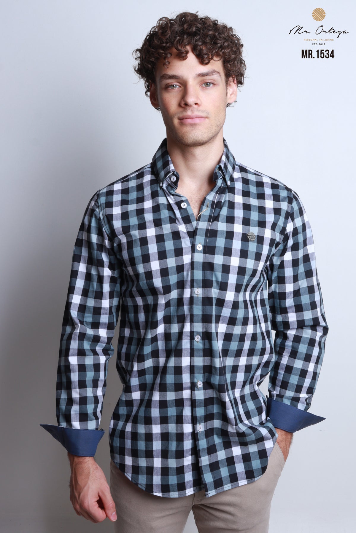 CAMISA CUADROS OXFORD, AZUL MARINO, CUADRO NEGRO, CELESTE Y BLANCO MANGA LARGA