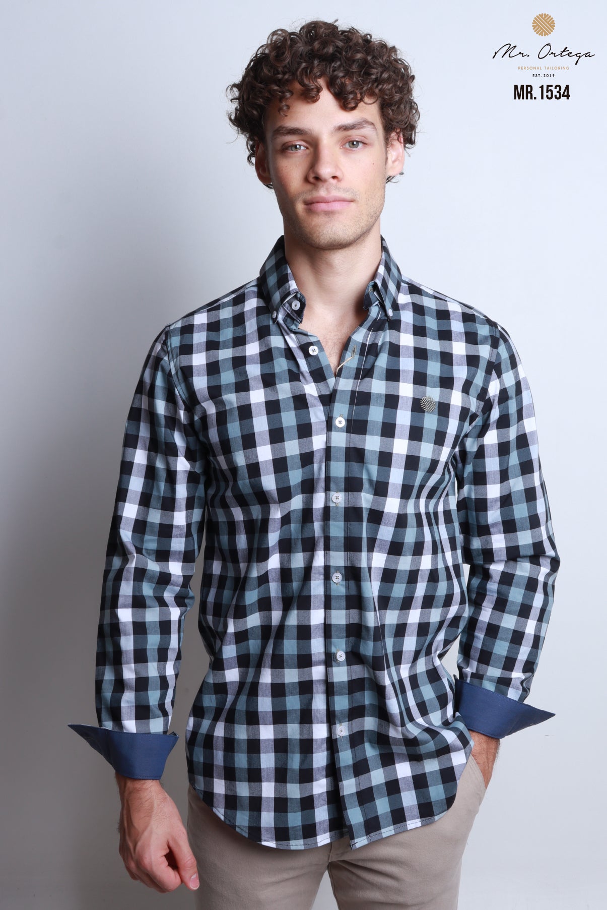 CAMISA CUADROS OXFORD, AZUL MARINO, CUADRO NEGRO, CELESTE Y BLANCO MANGA LARGA