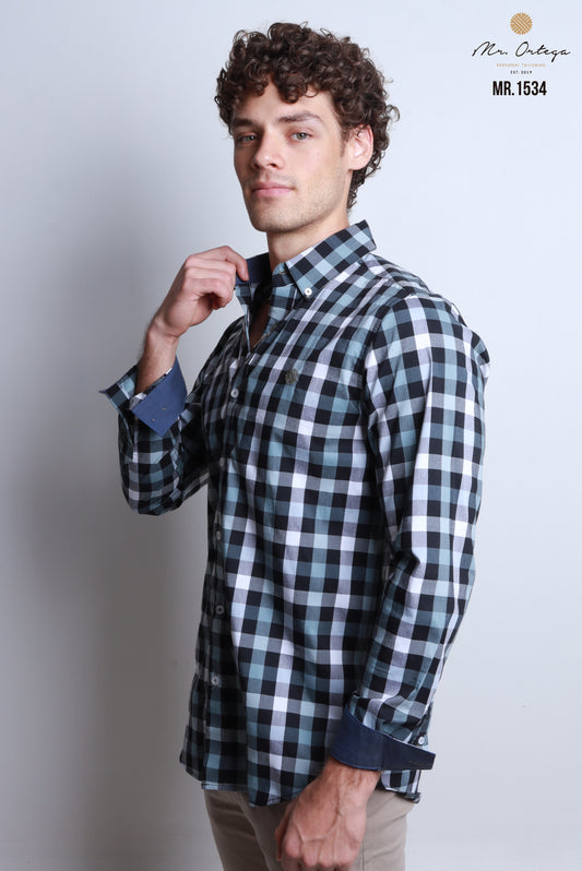 CAMISA CUADROS OXFORD, AZUL MARINO, CUADRO NEGRO, CELESTE Y BLANCO MANGA LARGA