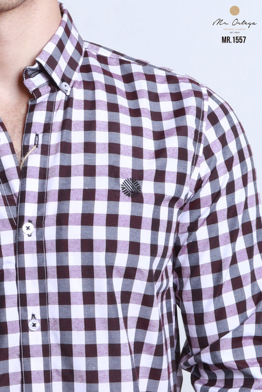 CAMISA CUADROS TINTO, CAFÉ, NEGRO, BASE BLANCA MANGA LARGA