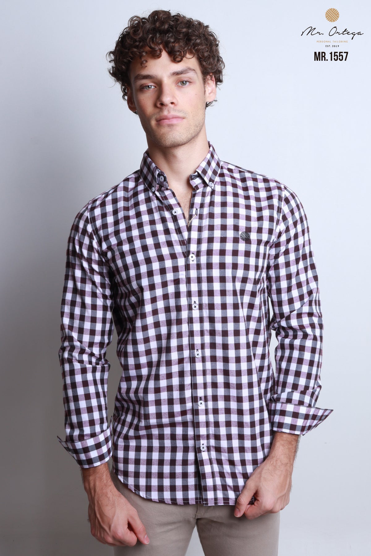 CAMISA CUADROS TINTO, CAFÉ, NEGRO, BASE BLANCA MANGA LARGA
