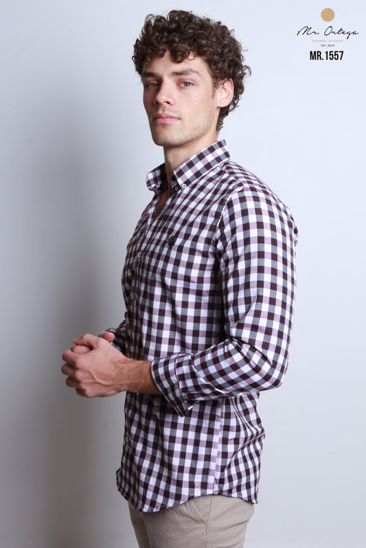 CAMISA CUADROS TINTO, CAFÉ, NEGRO, BASE BLANCA MANGA LARGA