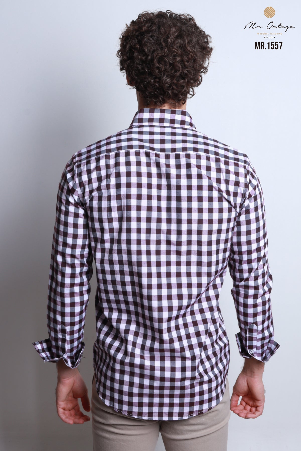 CAMISA CUADROS TINTO, CAFÉ, NEGRO, BASE BLANCA MANGA LARGA