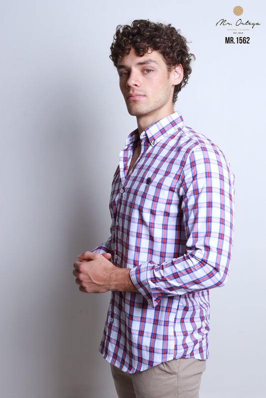 CAMISA CUADROS ROJO, MARINO, BASE BLANCA MANGA LARGA