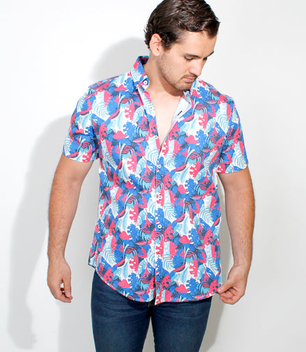CAMISA HOJAS AZUL REY / ROJO / BLANCO