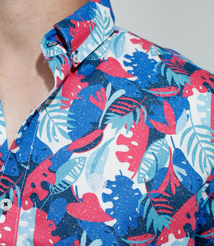 CAMISA HOJAS AZUL REY / ROJO / BLANCO