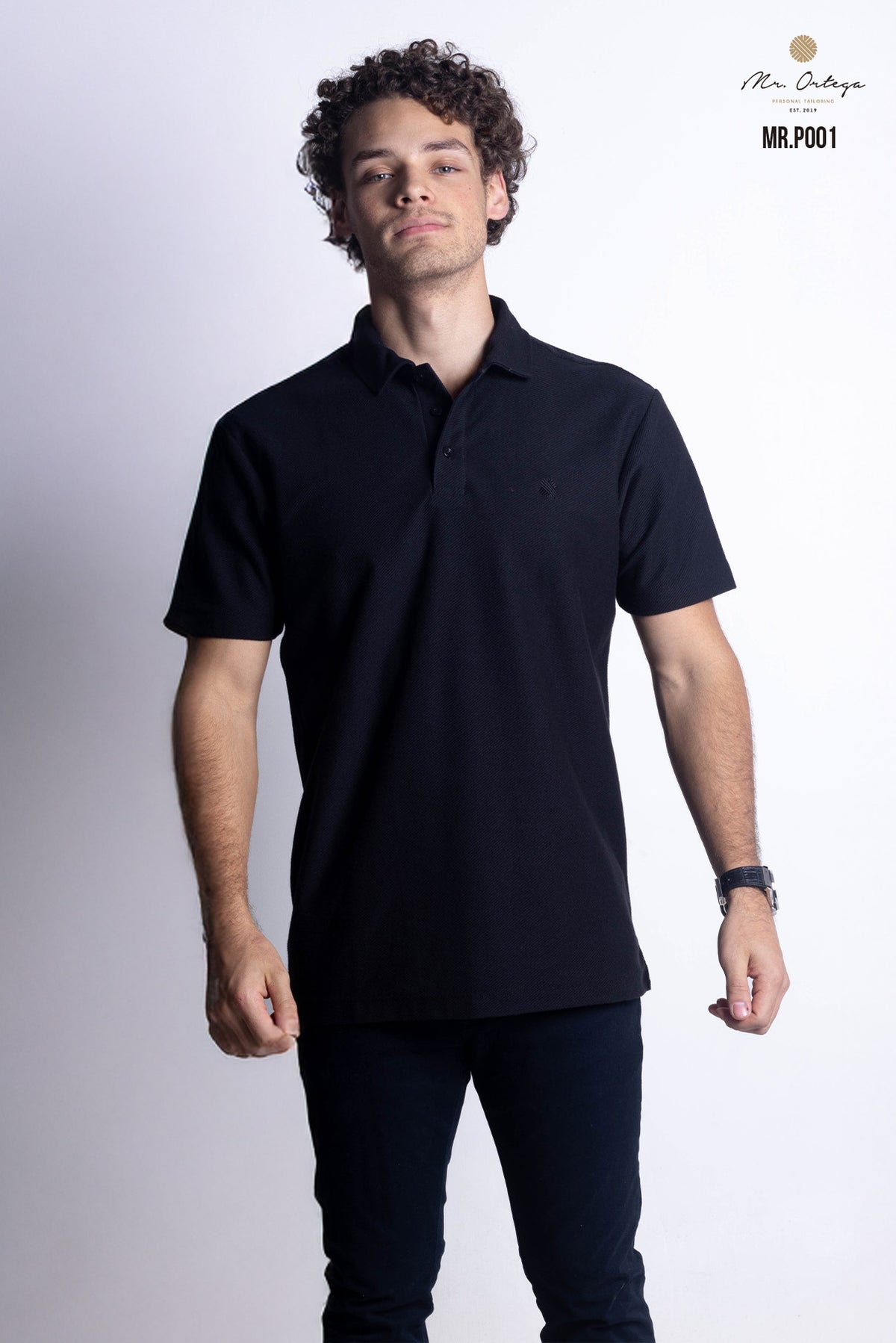 PLAYERA TIPO POLO TEXTURA WAFFLEADA NEGRO MANGA CORTA