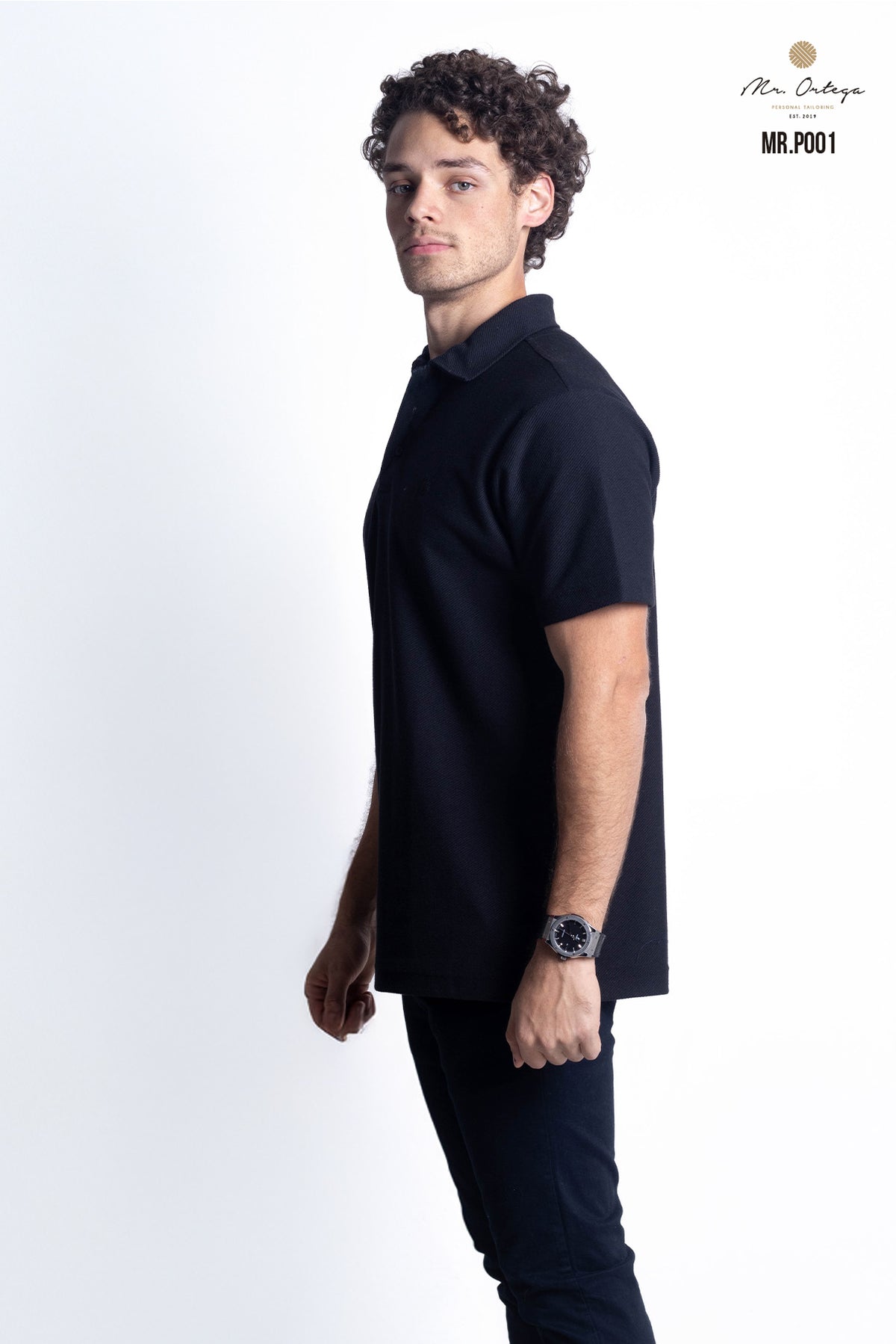 PLAYERA TIPO POLO TEXTURA WAFFLEADA NEGRO MANGA CORTA