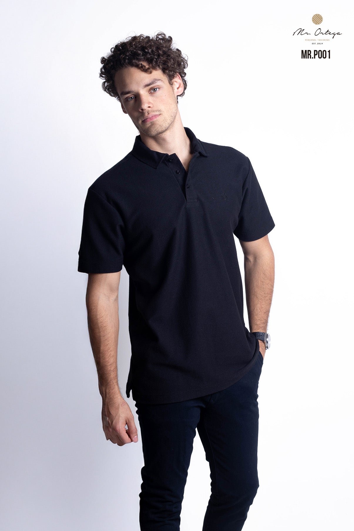 PLAYERA TIPO POLO TEXTURA WAFFLEADA NEGRO MANGA CORTA