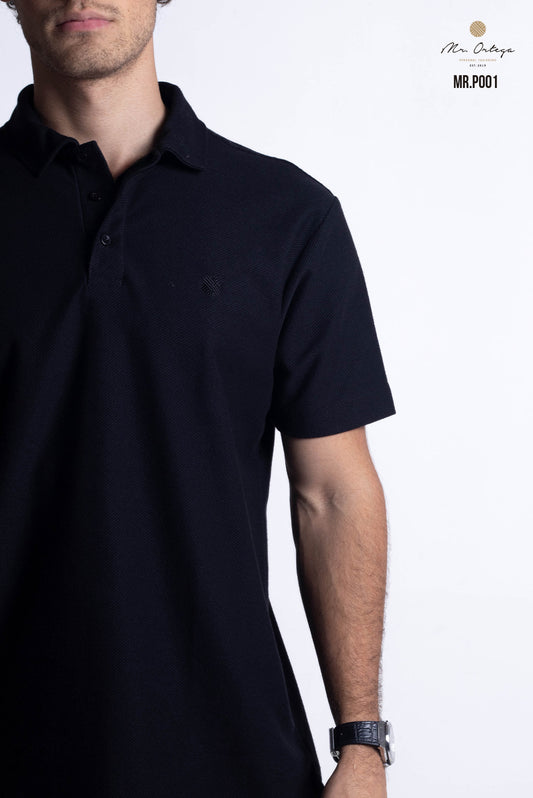 PLAYERA TIPO POLO TEXTURA WAFFLEADA NEGRO MANGA CORTA