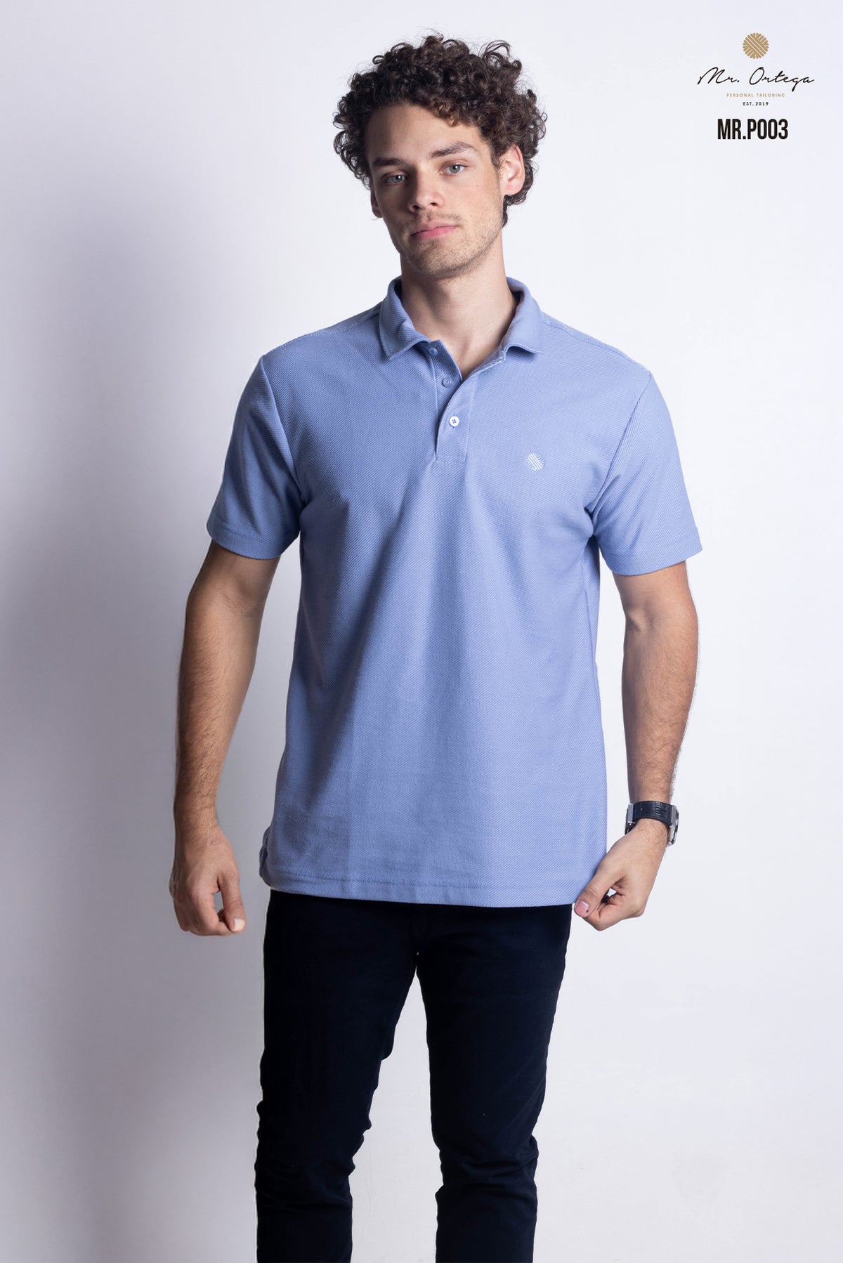 PLAYERA TIPO POLO TEXTURA WAFFLEADA AZUL ACERO MANGA CORTA