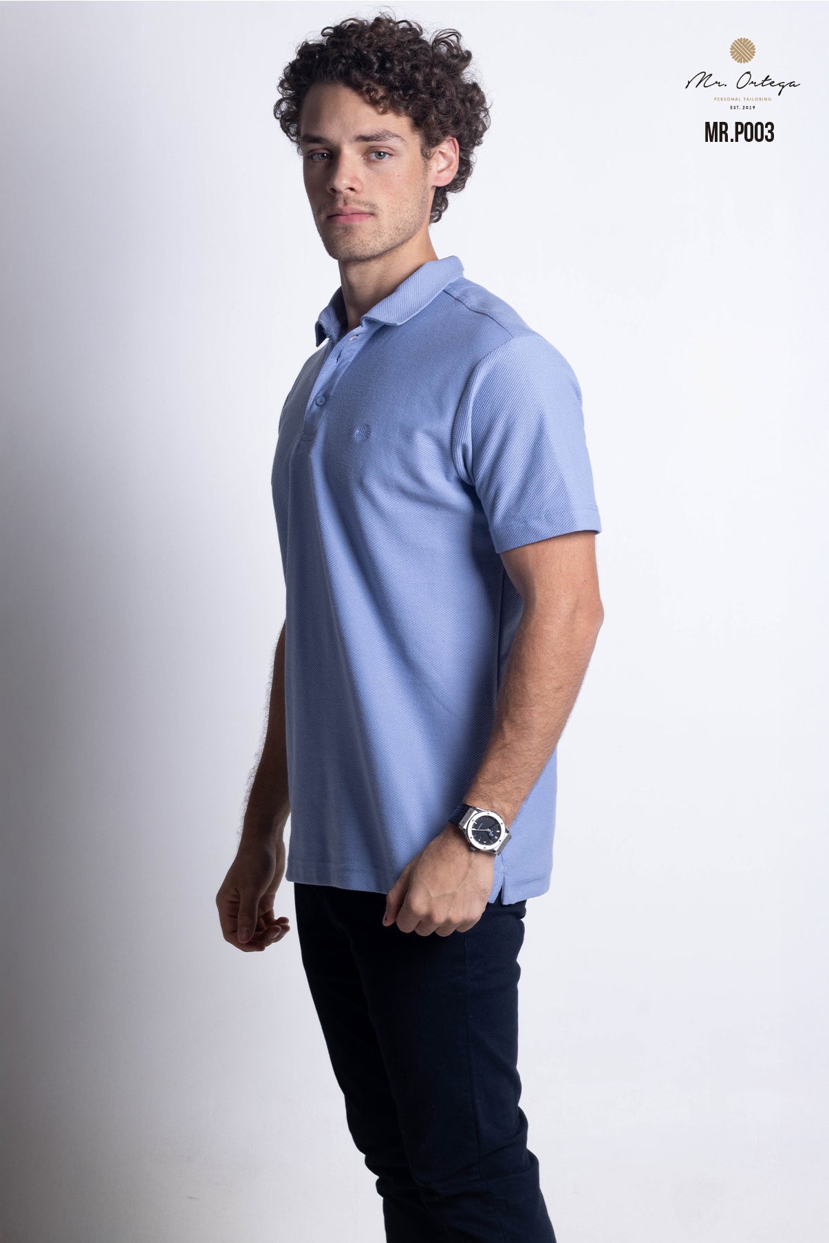 PLAYERA TIPO POLO TEXTURA WAFFLEADA AZUL ACERO MANGA CORTA