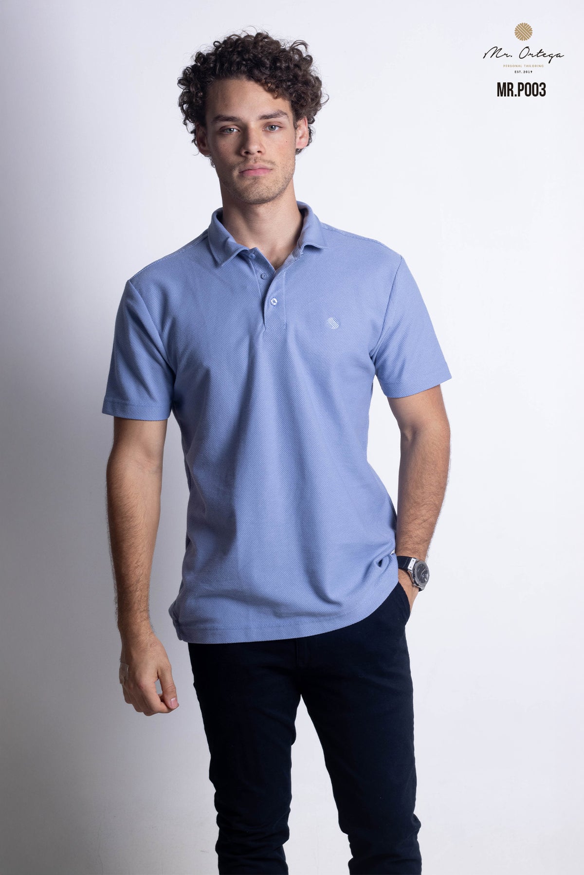 PLAYERA TIPO POLO TEXTURA WAFFLEADA AZUL ACERO MANGA CORTA