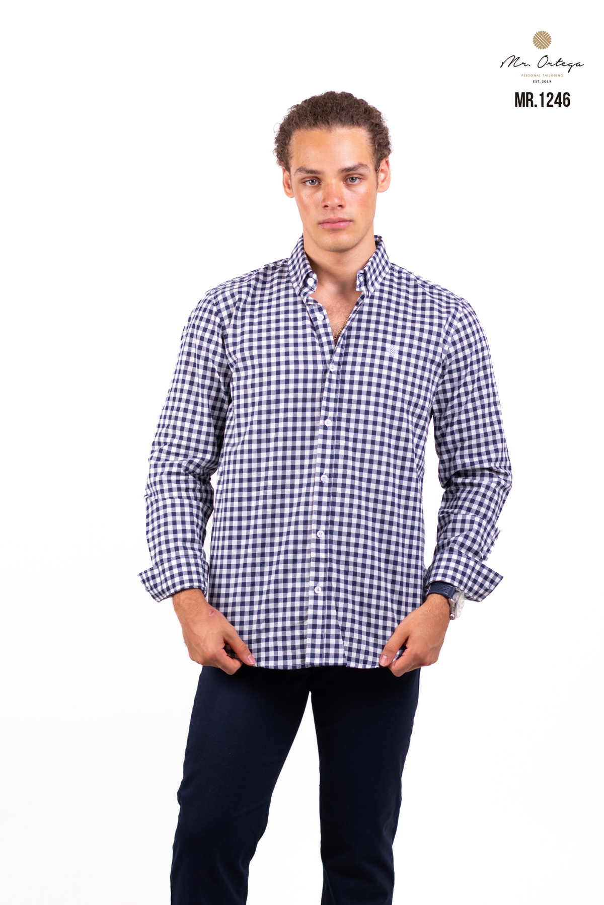 CAMISA CUADROS PEQUEÑOS MARINO Y BLANCO MANGA LARGA